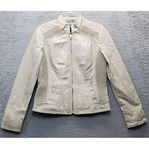 Giacca Jacket Womens Medium Tan Leather Pleated Pocket Stand Collar Full Zipper